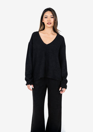 L'COUTURE Rib Knit Lounge Palazzo Pant Black