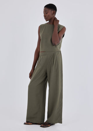 Women Linen Relaxed Pant Khaki Green