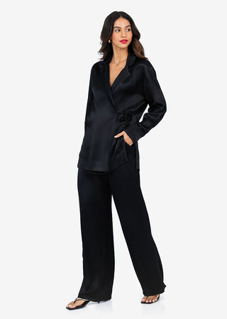 Women's Side Tie Jacket & Trouser Shiny Black Set