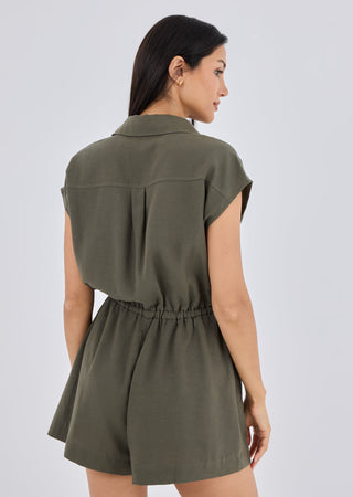 Women Linen Romper Khaki Green