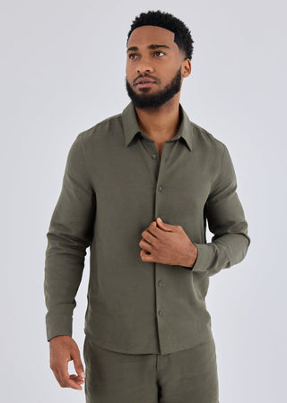 Men Linen Shirt Long Sleeve Khaki Green