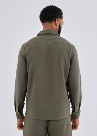 Men Linen Shirt Long Sleeve Khaki Green