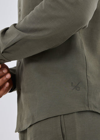 Men Linen Shirt Long Sleeve Khaki Green