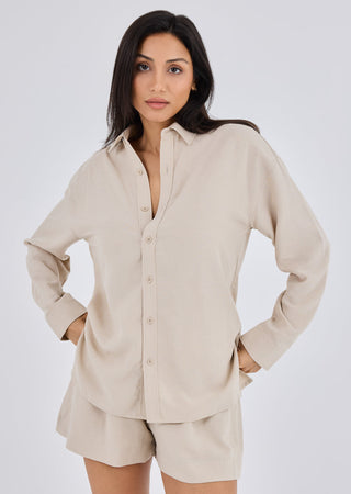 Women Linen Long Sleeve Shirt Light Beige