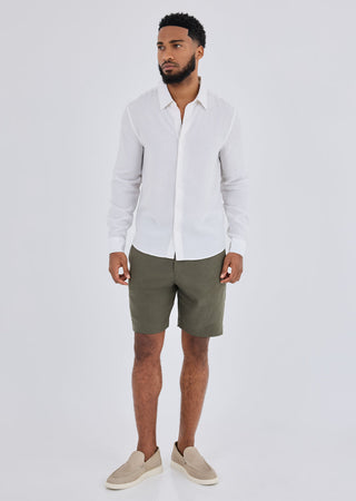 Men Linen Short Khaki Green