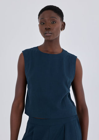 Women Linen Relaxed Tank Dark Navy